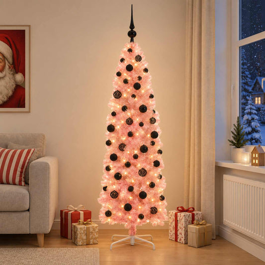 vidaXL Artificial Slim Christmas Tree with Bauble 180 cm 300 LEDs