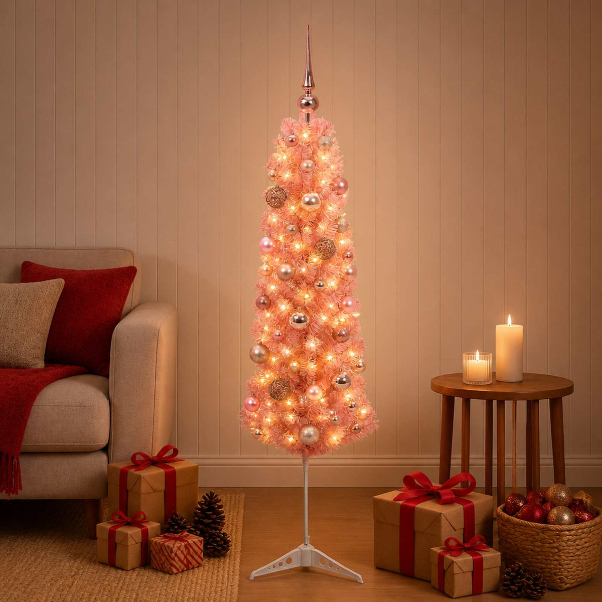 vidaXL Artificial Slim Christmas Tree with Bauble 120 cm 150 LEDs