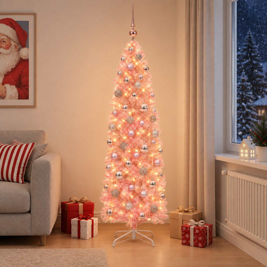 vidaXL Artificial Slim Christmas Tree with Bauble 180 cm 300 LEDs