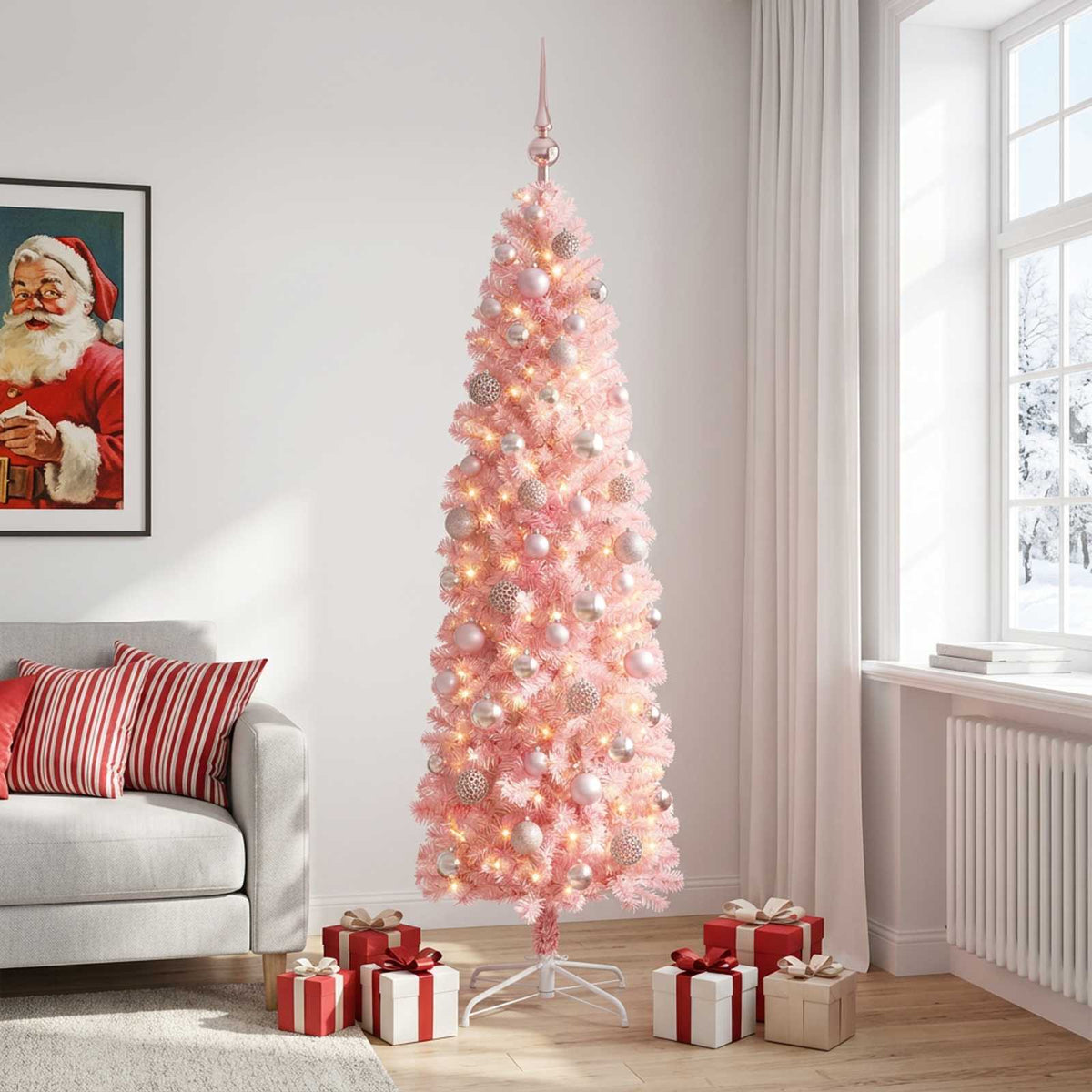 vidaXL Artificial Slim Christmas Tree with Bauble 240 cm 300 LEDs
