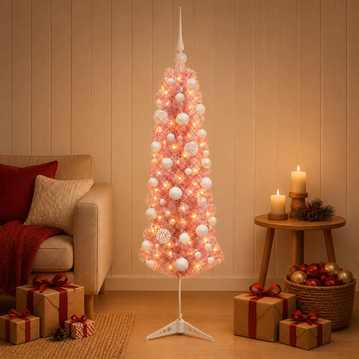 vidaXL Artificial Slim Christmas Tree with Bauble 120 cm 150 LEDs