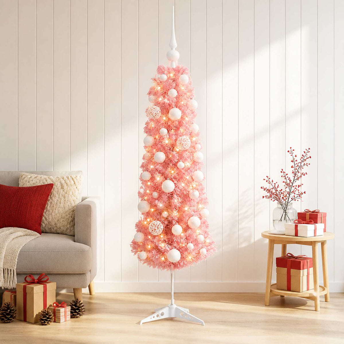vidaXL Artificial Slim Christmas Tree with Bauble 120 cm 150 LEDs