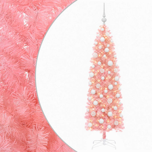 vidaXL Artificial Slim Christmas Tree with Bauble 180 cm 300 LEDs