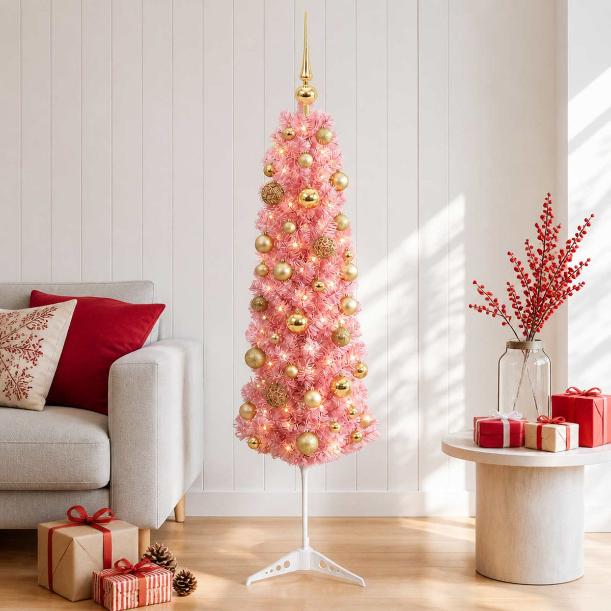 vidaXL Artificial Slim Christmas Tree with Bauble 120 cm 150 LEDs