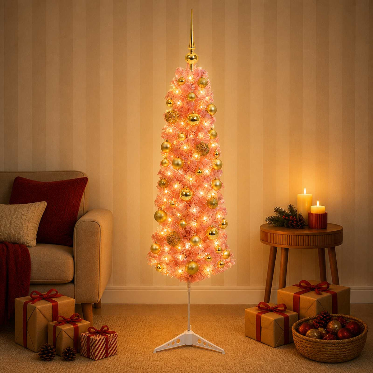 vidaXL Artificial Slim Christmas Tree with Bauble 120 cm 150 LEDs