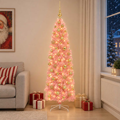 vidaXL Artificial Slim Christmas Tree with Bauble 240 cm 300 LEDs