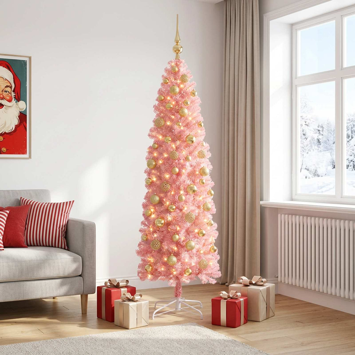 vidaXL Artificial Slim Christmas Tree with Bauble 180 cm 300 LEDs