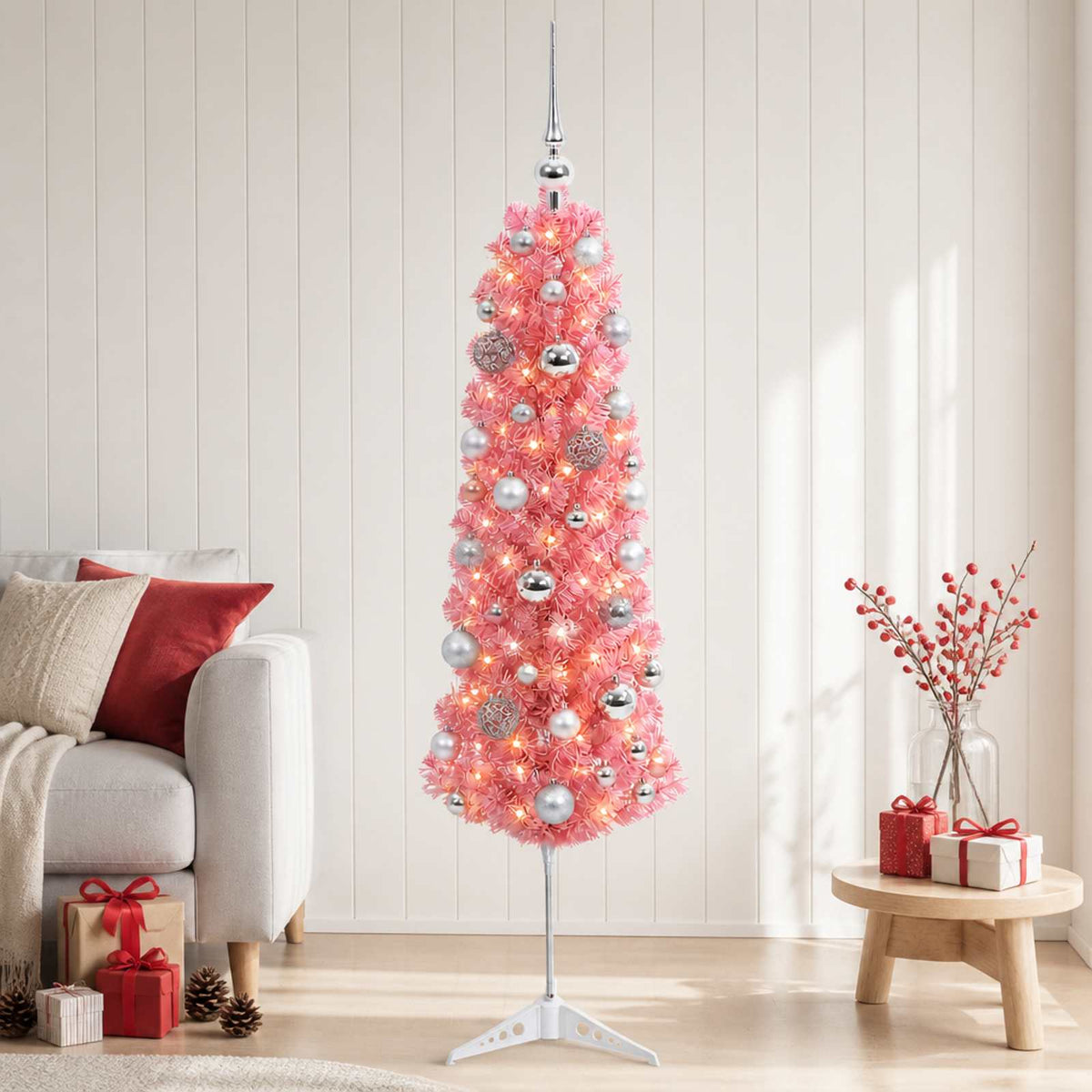 vidaXL Artificial Slim Christmas Tree with Bauble 120 cm 150 LEDs