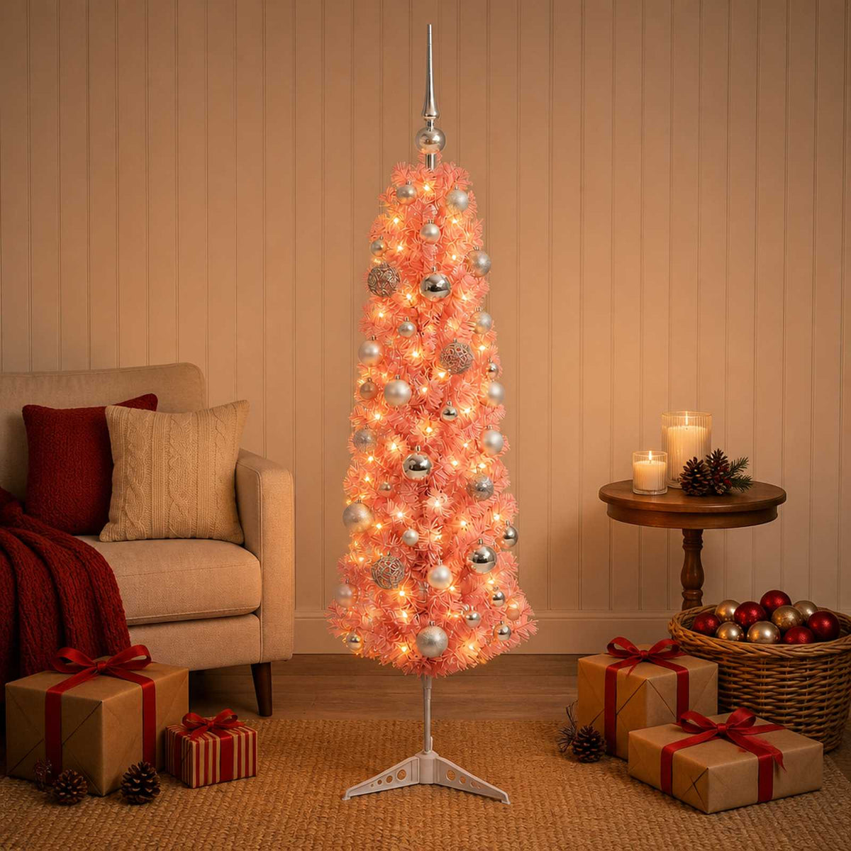 vidaXL Artificial Slim Christmas Tree with Bauble 120 cm 150 LEDs