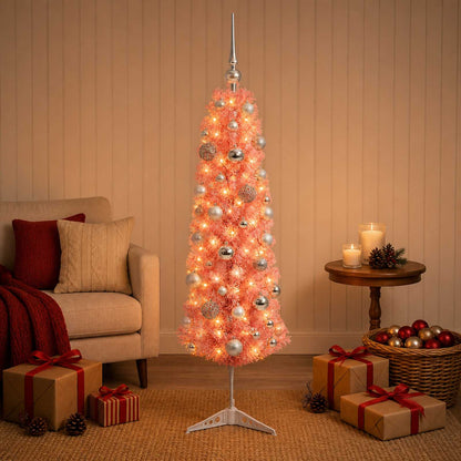 vidaXL Artificial Slim Christmas Tree with Bauble 120 cm 150 LEDs
