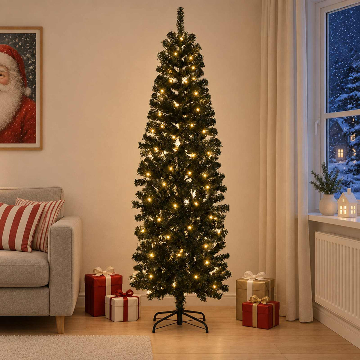 vidaXL Artificial Slim Christmas Tree 180 cm 300 LEDs Warm White