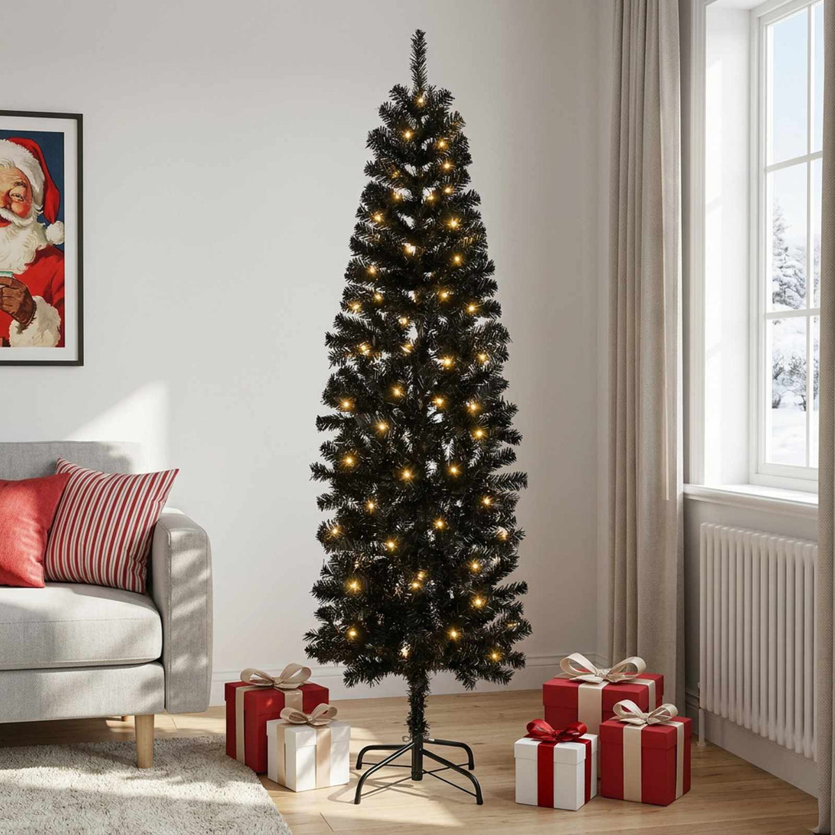 vidaXL Artificial Slim Christmas Tree 210 cm 300 LEDs Warm White