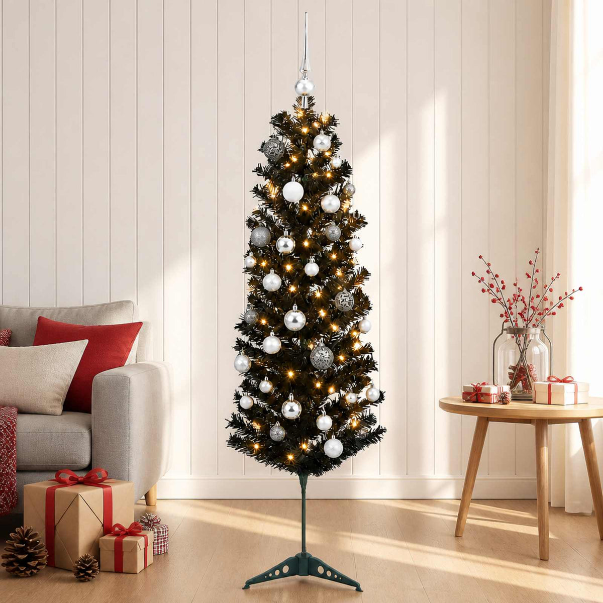 vidaXL Artificial Slim Christmas Tree with Bauble 120 cm 150 LEDs