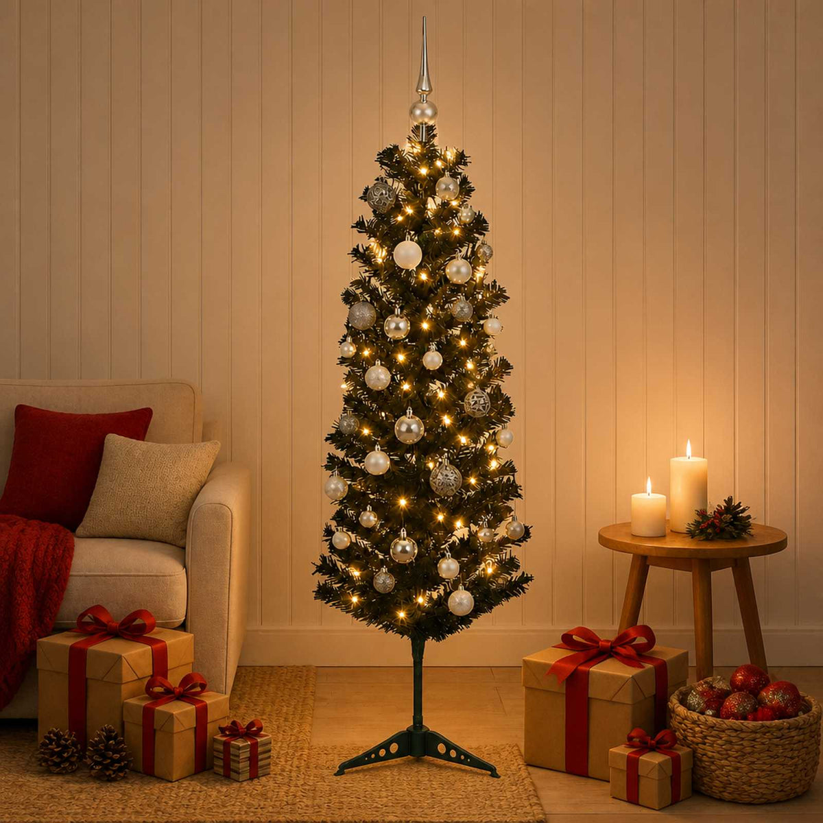 vidaXL Artificial Slim Christmas Tree with Bauble 120 cm 150 LEDs