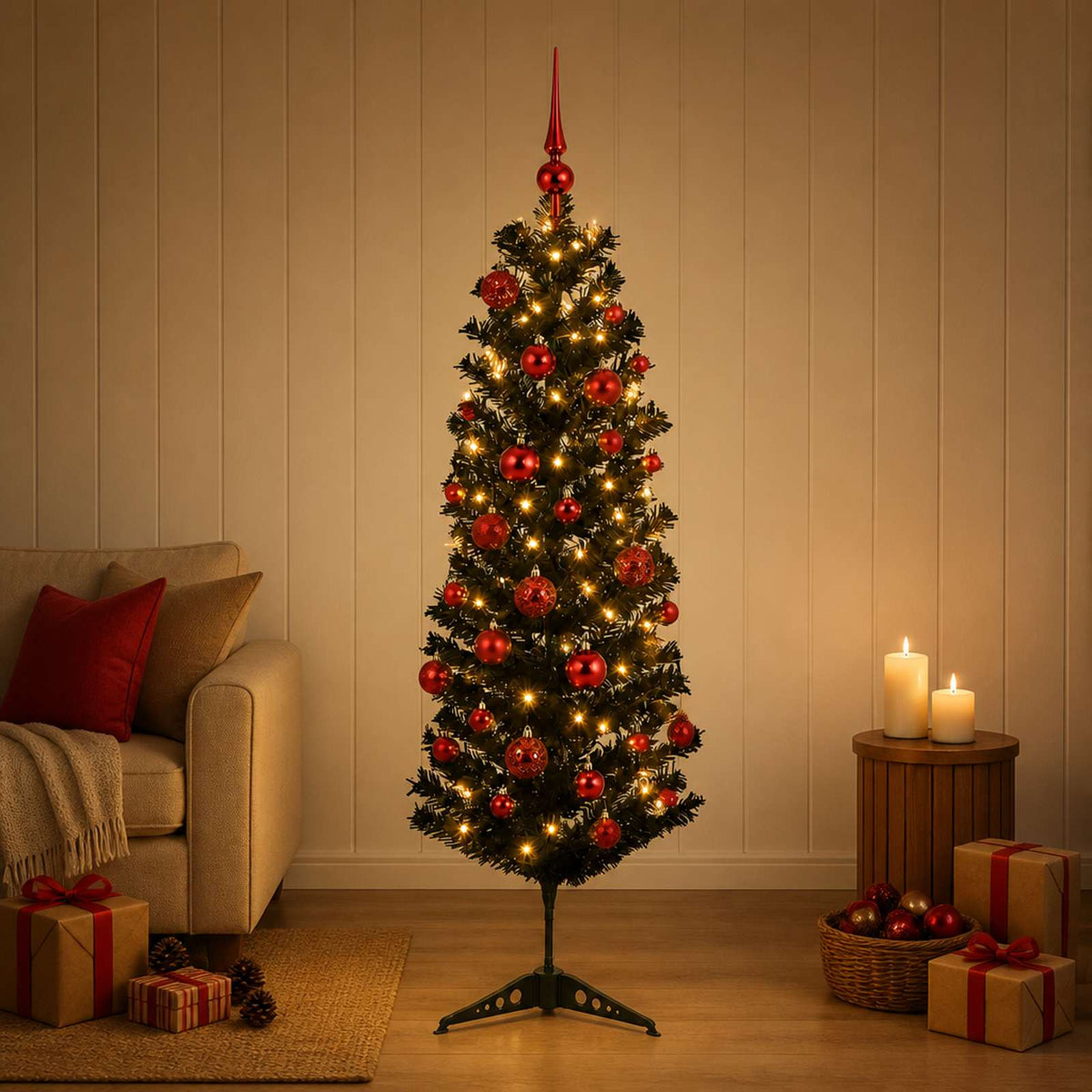 vidaXL Artificial Slim Christmas Tree with Bauble 150 cm 150 LEDs