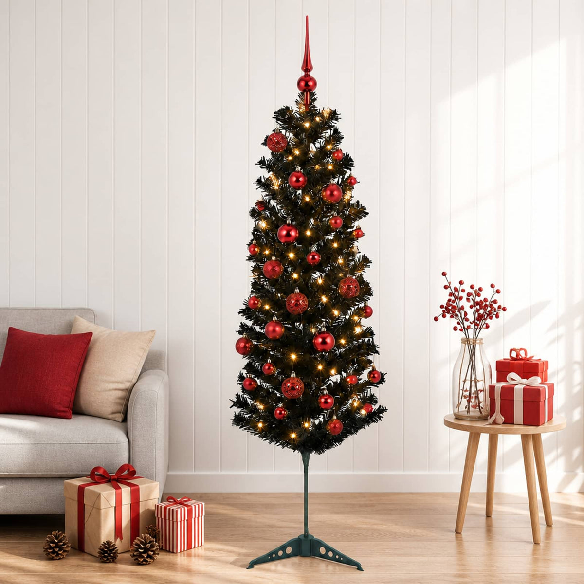 vidaXL Artificial Slim Christmas Tree with Bauble 120 cm 150 LEDs