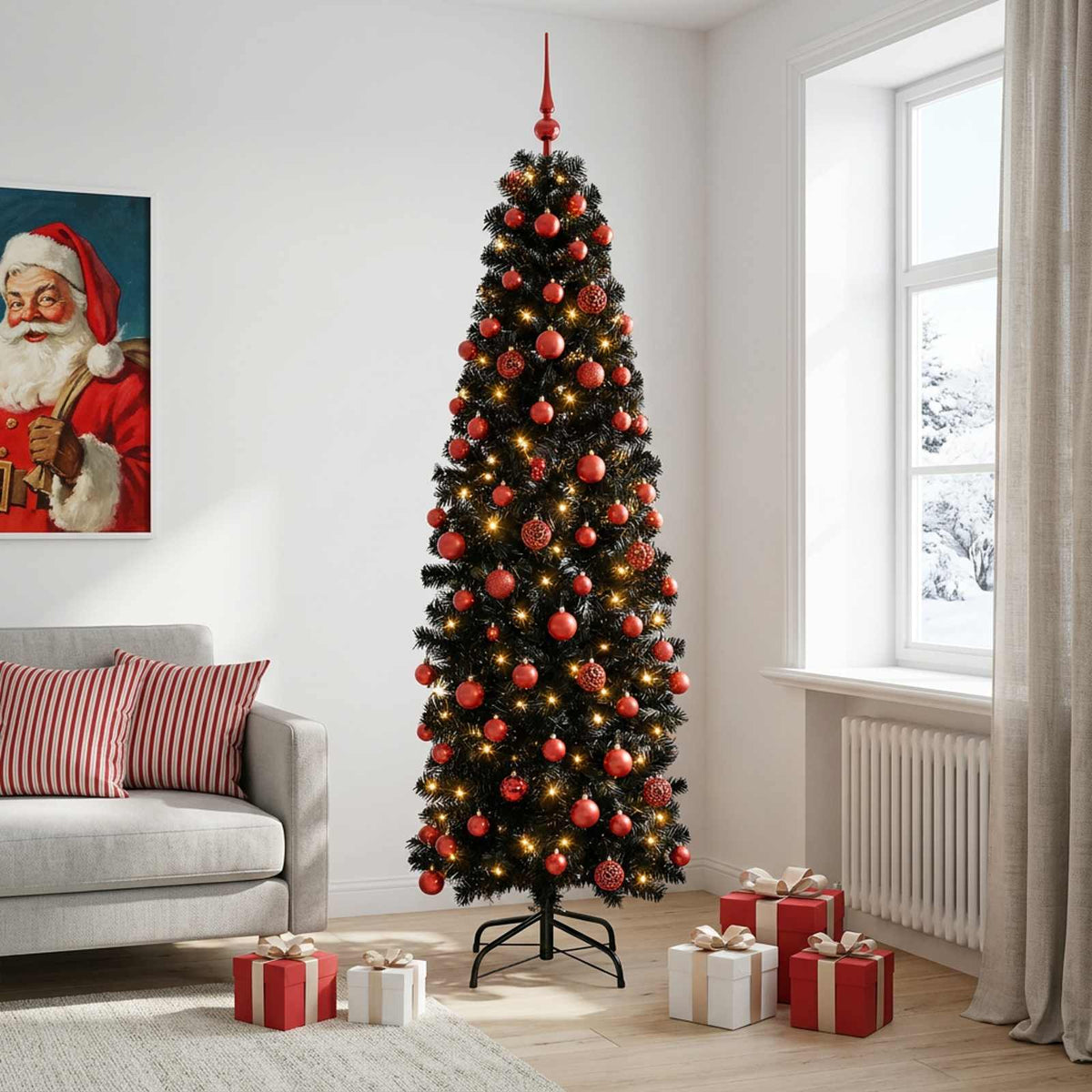vidaXL Artificial Slim Christmas Tree with Bauble 180 cm 300 LEDs