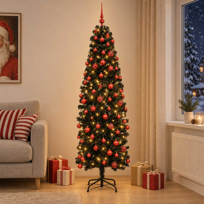 vidaXL Artificial Slim Christmas Tree with Bauble 180 cm 300 LEDs