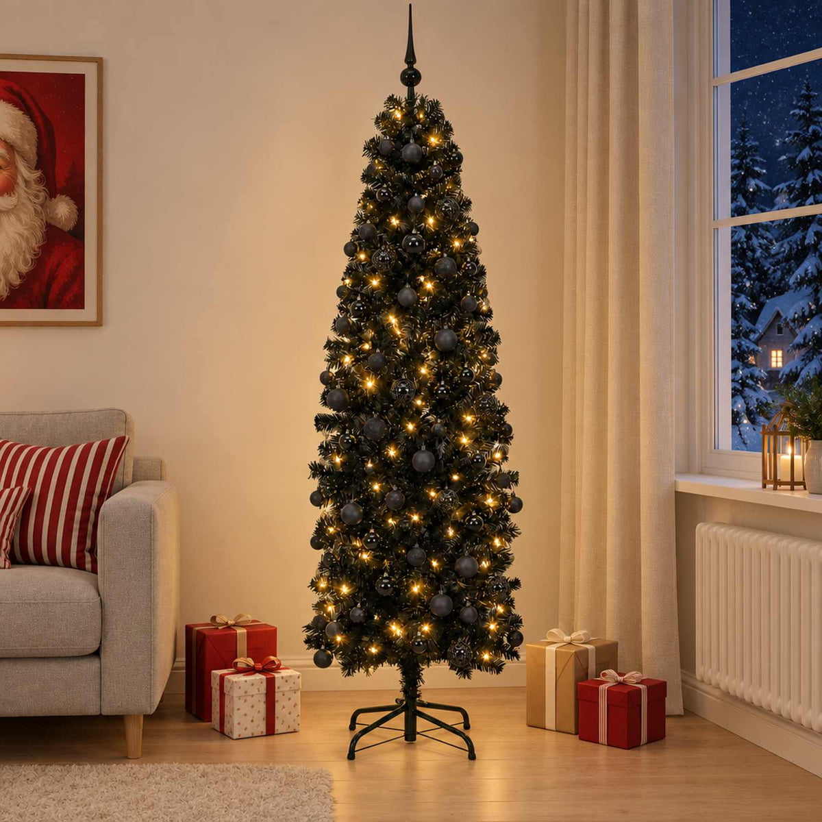 vidaXL Artificial Slim Christmas Tree with Bauble 240 cm 300 LEDs