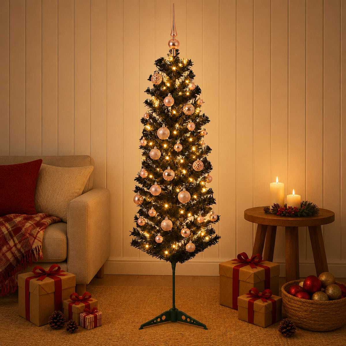vidaXL Artificial Slim Christmas Tree with Bauble 150 cm 150 LEDs
