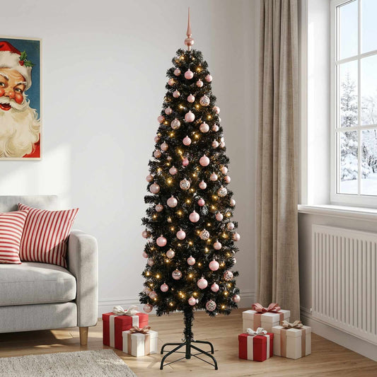 vidaXL Artificial Slim Christmas Tree with Bauble 210 cm 300 LEDs