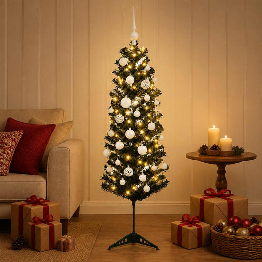 vidaXL Artificial Slim Christmas Tree with Bauble 150 cm 150 LEDs