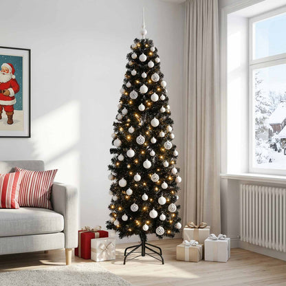 vidaXL Artificial Slim Christmas Tree with Bauble 180 cm 300 LEDs
