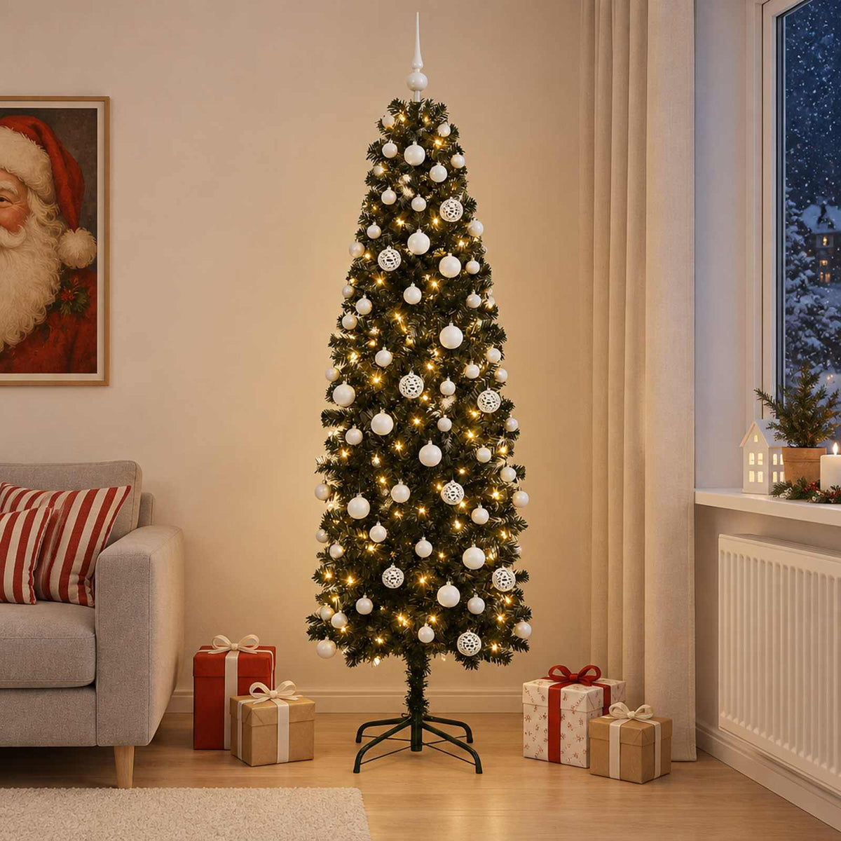 vidaXL Artificial Slim Christmas Tree with Bauble 180 cm 300 LEDs