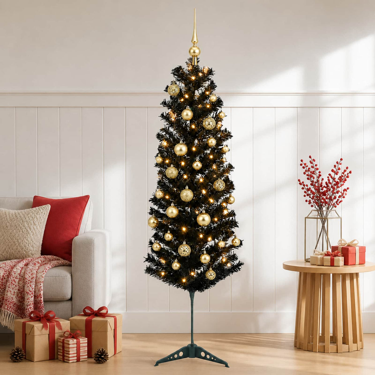 vidaXL Artificial Slim Christmas Tree with Bauble 150 cm 150 LEDs