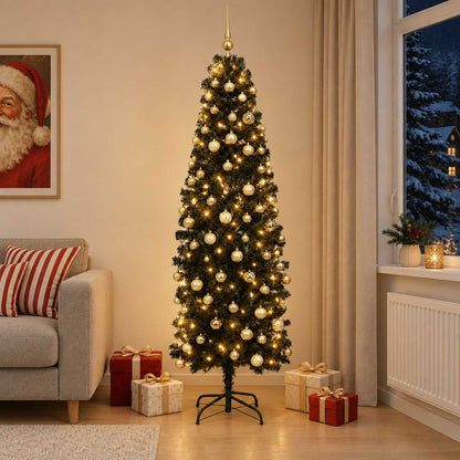 vidaXL Artificial Slim Christmas Tree with Bauble 210 cm 300 LEDs