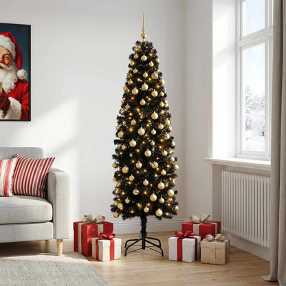 vidaXL Artificial Slim Christmas Tree with Bauble 210 cm 300 LEDs