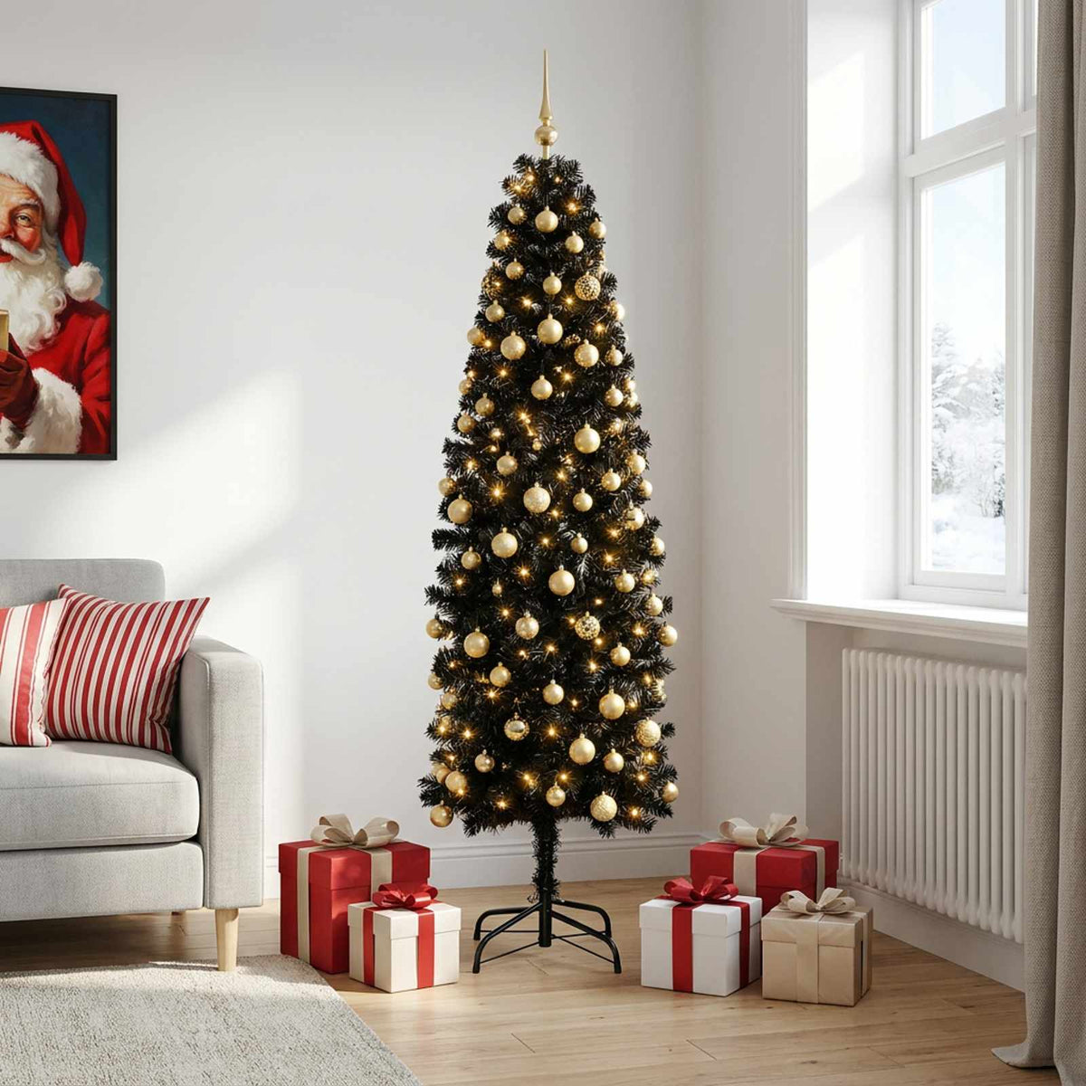 vidaXL Artificial Slim Christmas Tree with Bauble 240 cm 300 LEDs