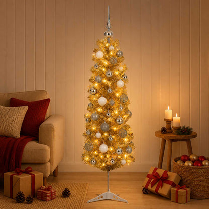vidaXL Artificial Slim Christmas Tree with Bauble 150 cm 150 LEDs