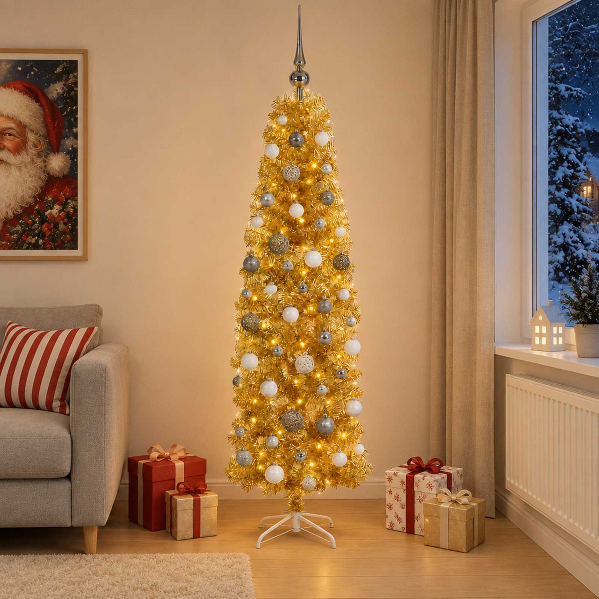 vidaXL Artificial Slim Christmas Tree with Bauble 180 cm 300 LEDs