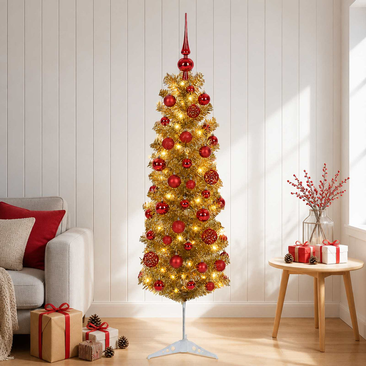 vidaXL Artificial Slim Christmas Tree with Bauble 150 cm 150 LEDs