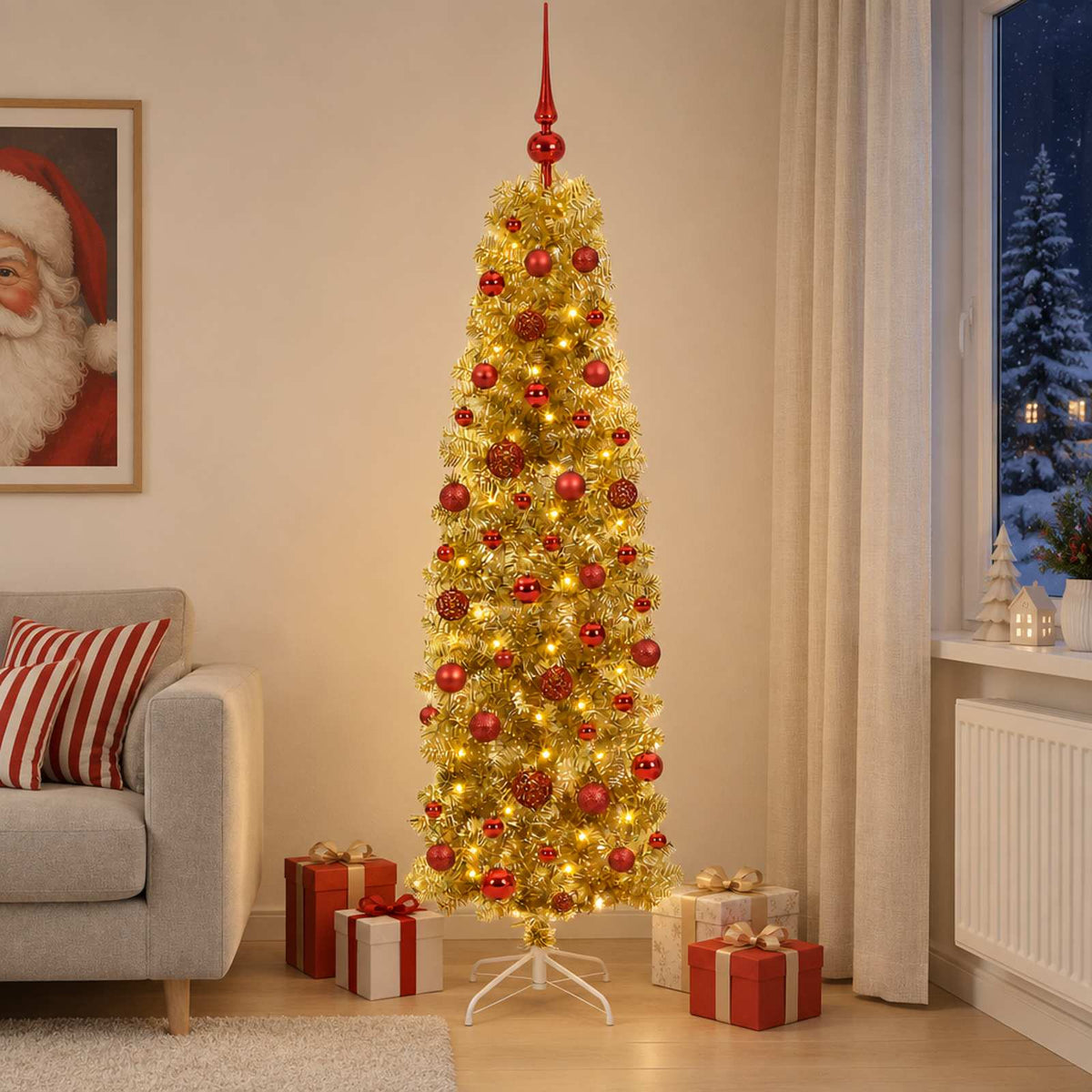 vidaXL Artificial Slim Christmas Tree with Bauble 180 cm 300 LEDs