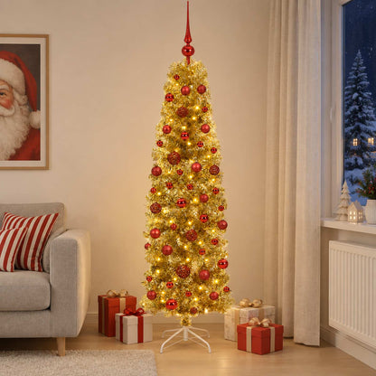 vidaXL Artificial Slim Christmas Tree with Bauble 180 cm 300 LEDs