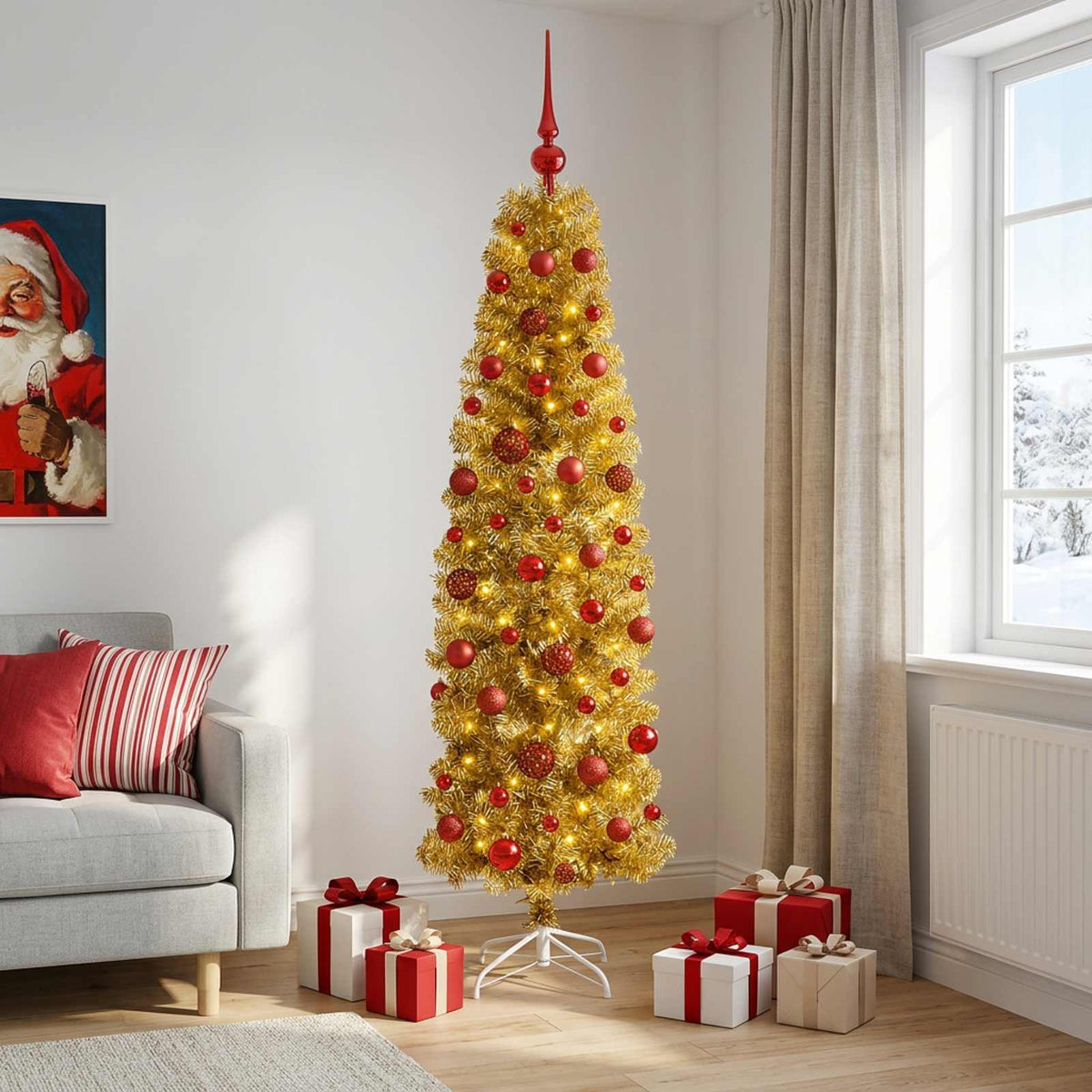 vidaXL Artificial Slim Christmas Tree with Bauble 180 cm 300 LEDs