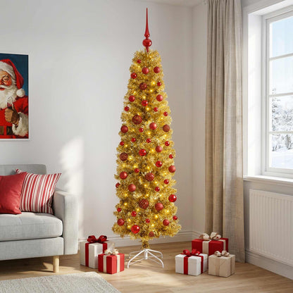vidaXL Artificial Slim Christmas Tree with Bauble 180 cm 300 LEDs