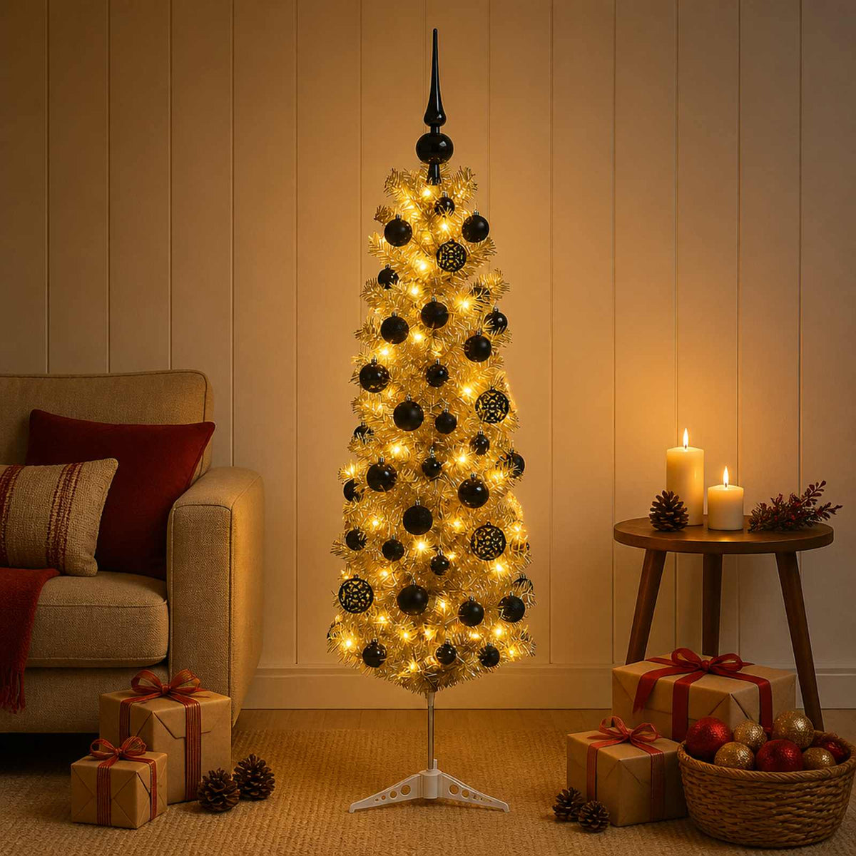 vidaXL Artificial Slim Christmas Tree with Bauble 150 cm 150 LEDs