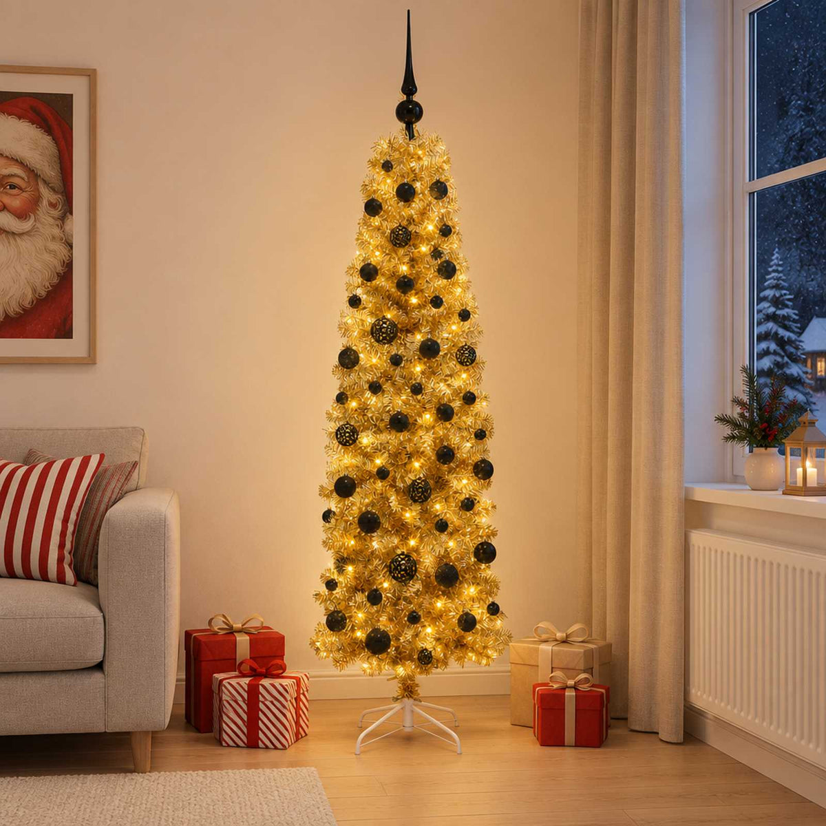 vidaXL Artificial Slim Christmas Tree with Bauble 180 cm 300 LEDs