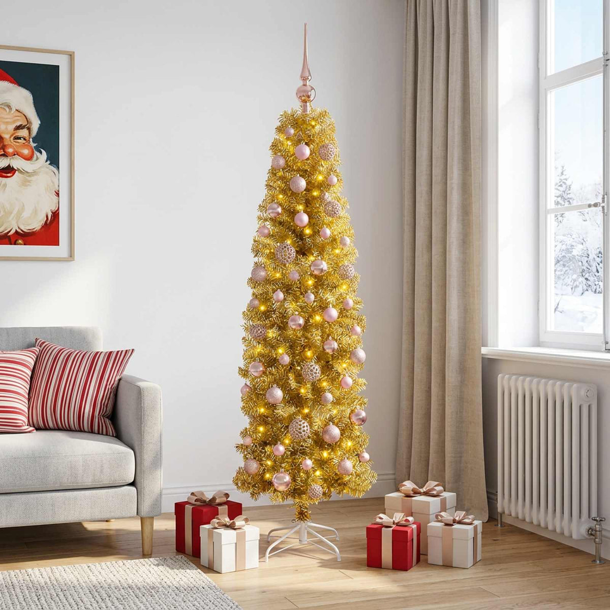 vidaXL Artificial Slim Christmas Tree with Bauble 180 cm 300 LEDs