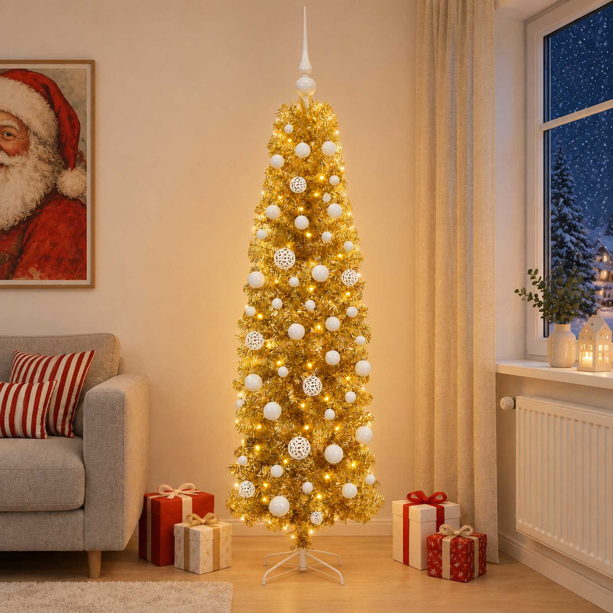vidaXL Artificial Slim Christmas Tree with Bauble 180 cm 300 LEDs