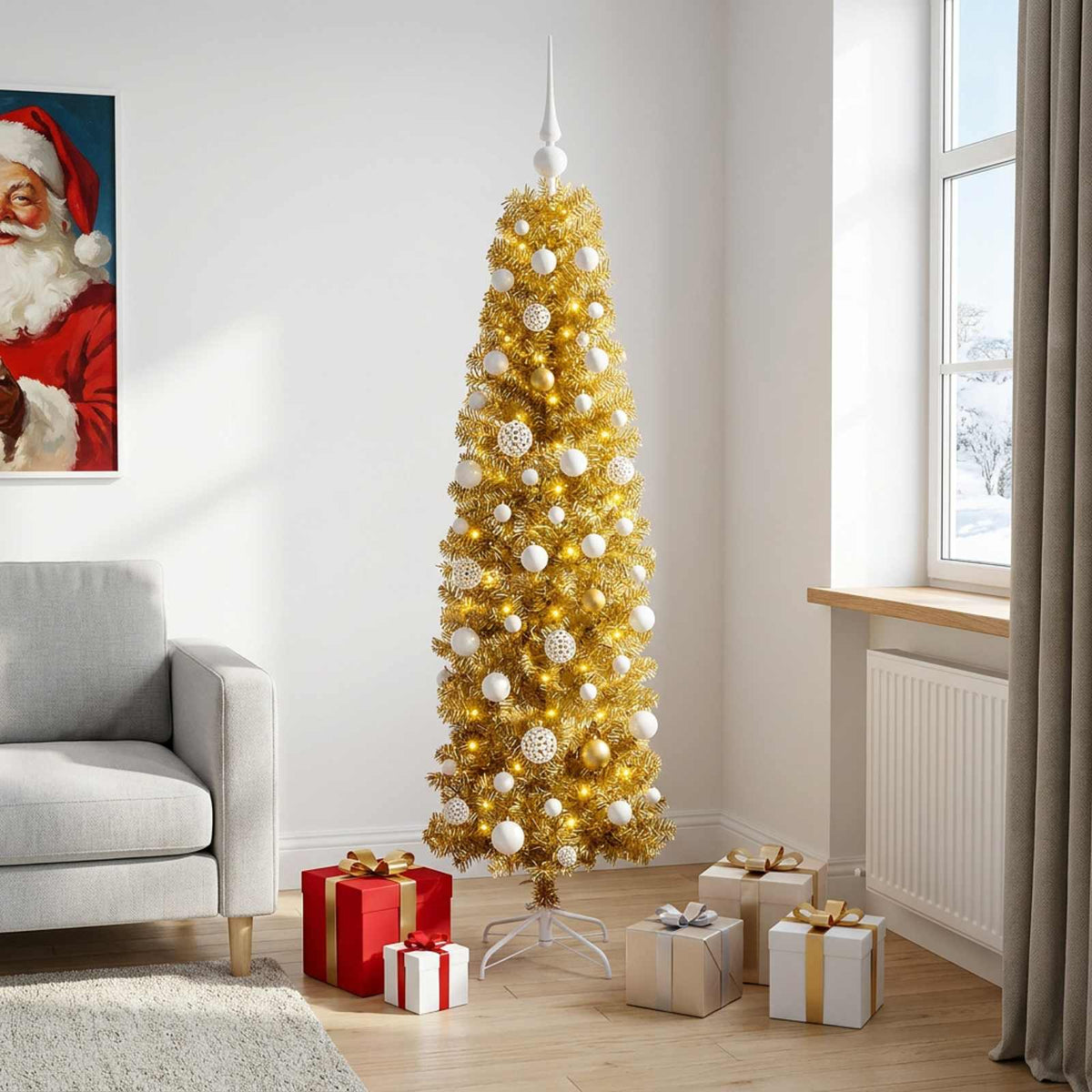 vidaXL Artificial Slim Christmas Tree with Bauble 180 cm 300 LEDs