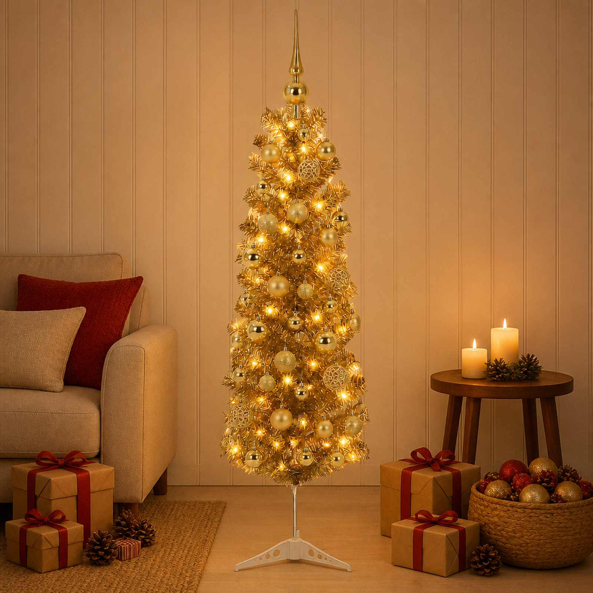 vidaXL Artificial Slim Christmas Tree with Bauble 150 cm 150 LEDs