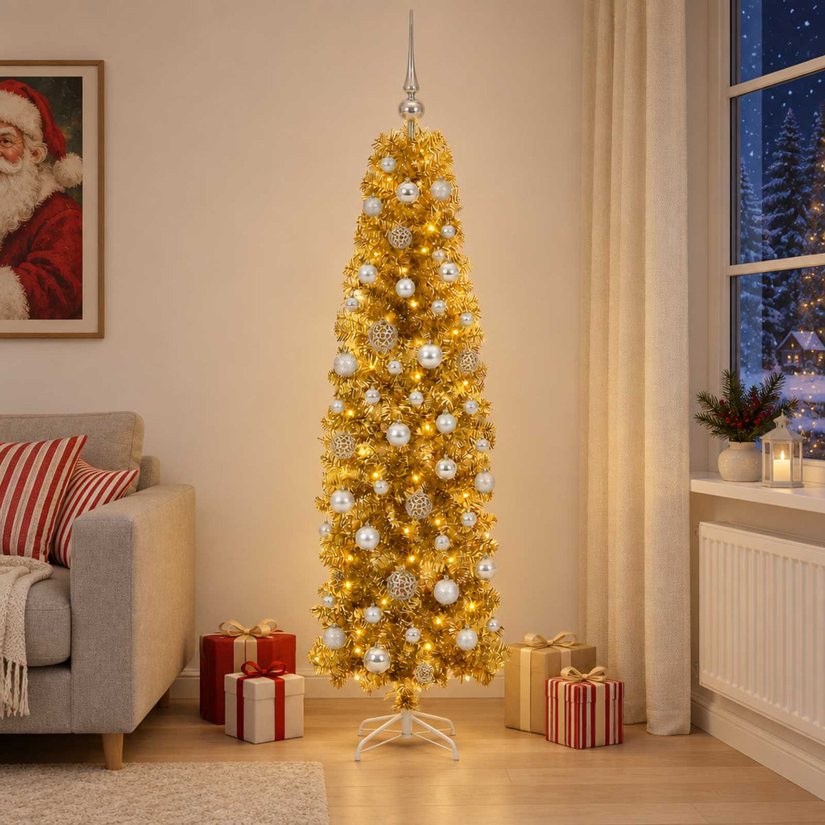 vidaXL Artificial Slim Christmas Tree with Bauble 180 cm 300 LEDs