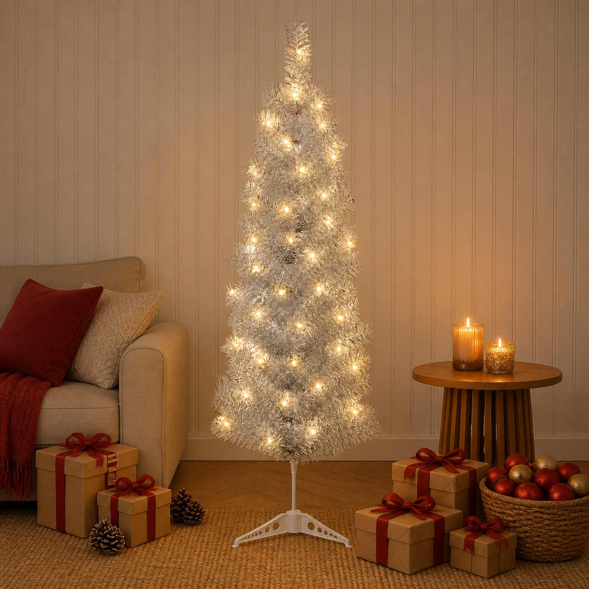 vidaXL Artificial Slim Christmas Tree 150 cm 150 LEDs Warm White