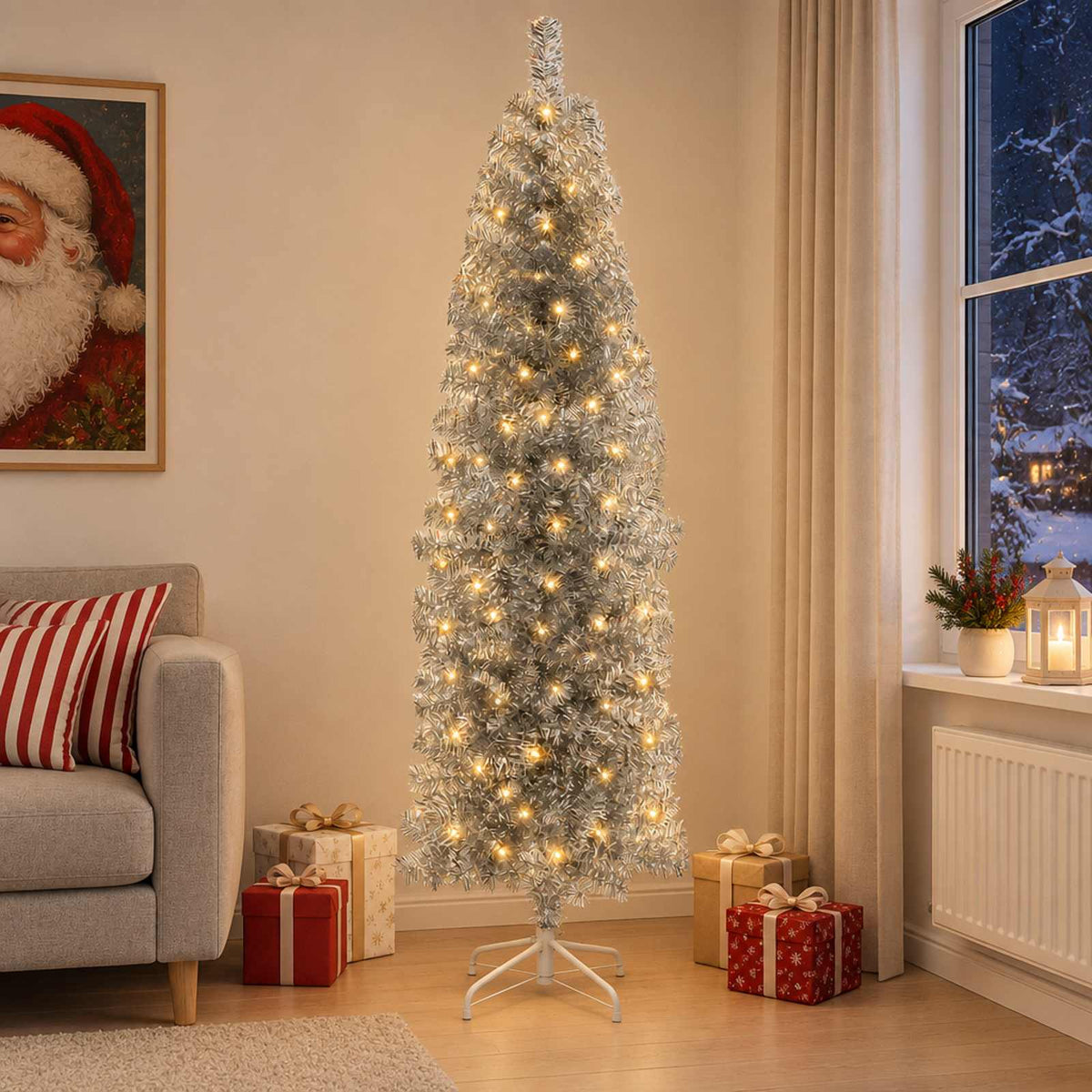 vidaXL Artificial Slim Christmas Tree 180 cm 300 LEDs Warm White