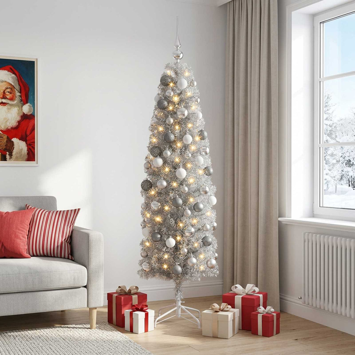 vidaXL Artificial Slim Christmas Tree with Bauble 240 cm 300 LEDs