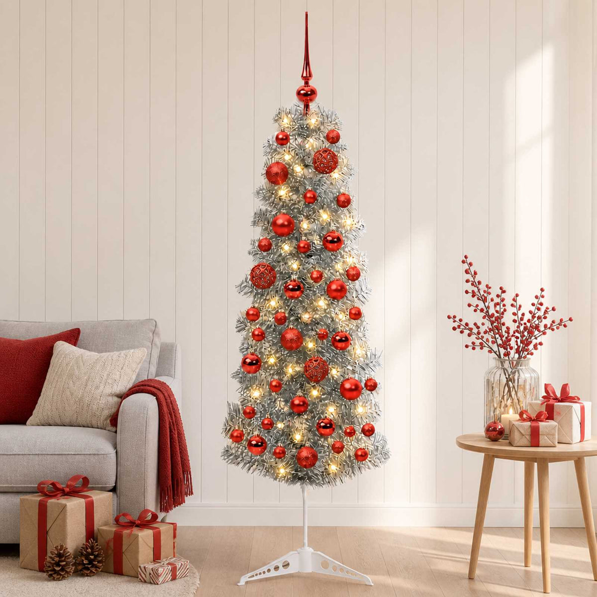 vidaXL Artificial Slim Christmas Tree with Bauble 150 cm 150 LEDs